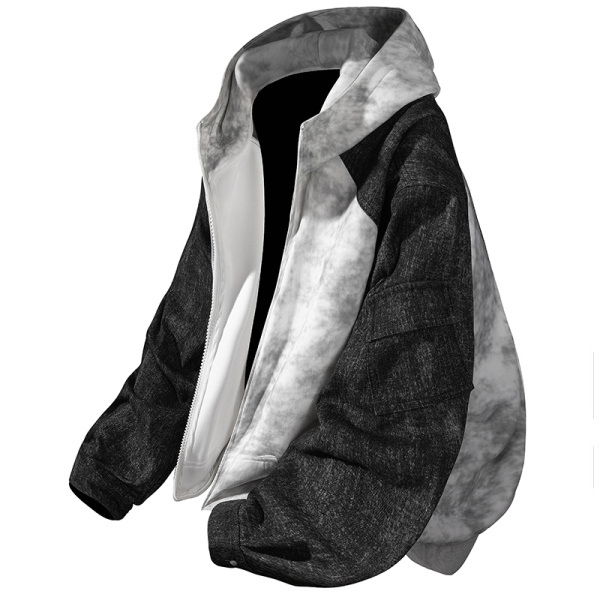 8878-2 美式复古做旧撞色拼接街头潮流时尚扎染泼墨脏脏外套连帽宽松休闲落肩袖舒适百搭