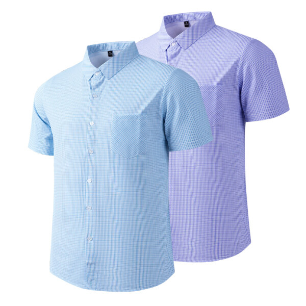 QC6135 夏季冰丝短袖衬衫跨境商务休闲格子宽松衬衣口袋上衣