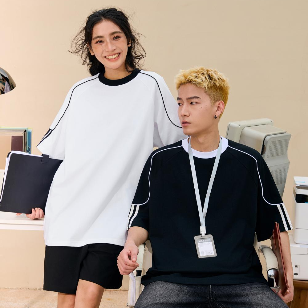 19589 撞色唧边绳+织带拉条潮牌落肩圆领短袖