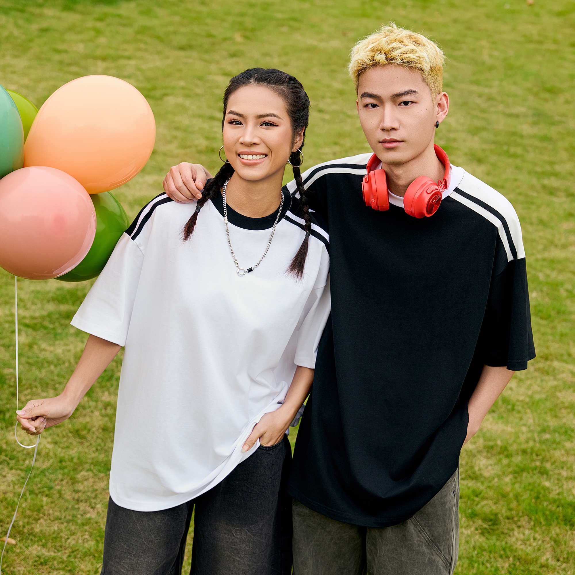 19585 肩部撞色潮牌落肩圆领短袖