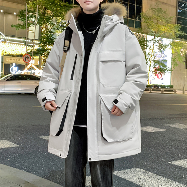 807 冬季新国标90绒羽绒服工装毛领羽绒服连帽潮流时尚中长款加厚保暖情侣款外套